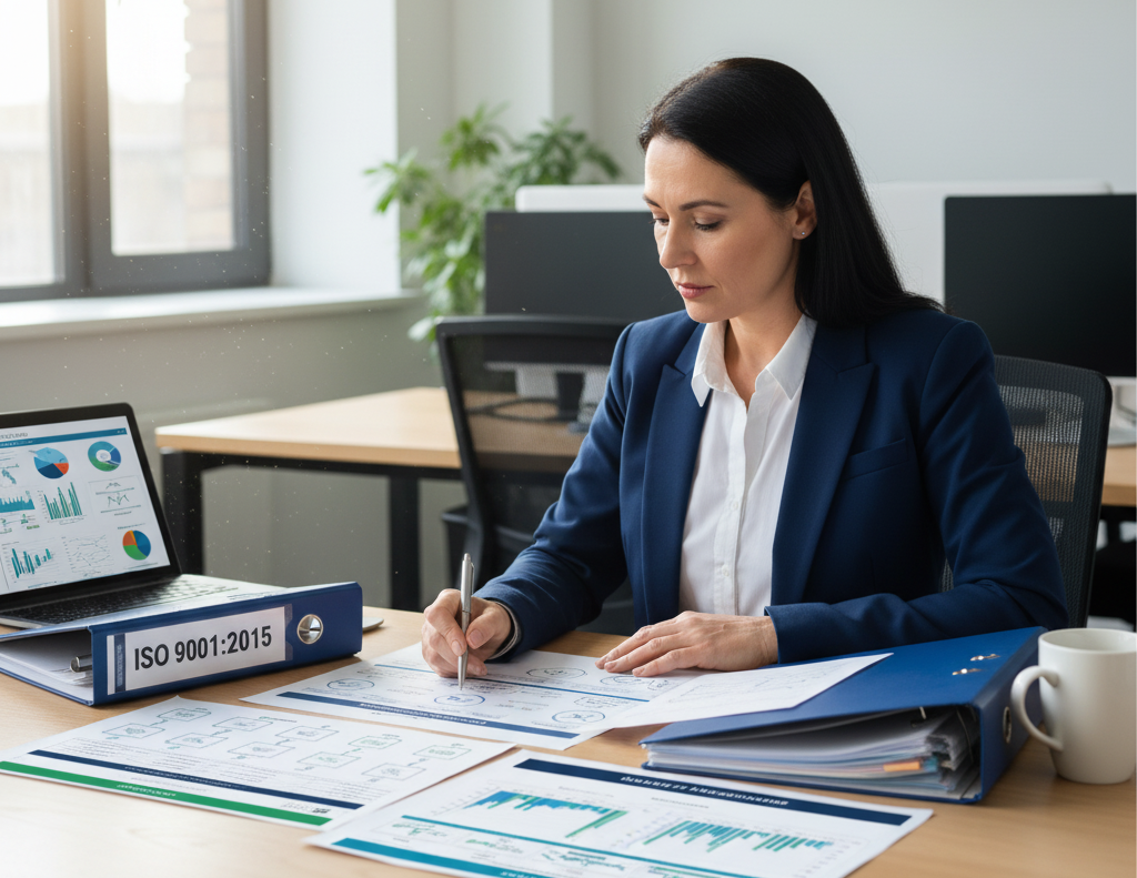 Professional reviewing ISO certification documentation and quality management materials
