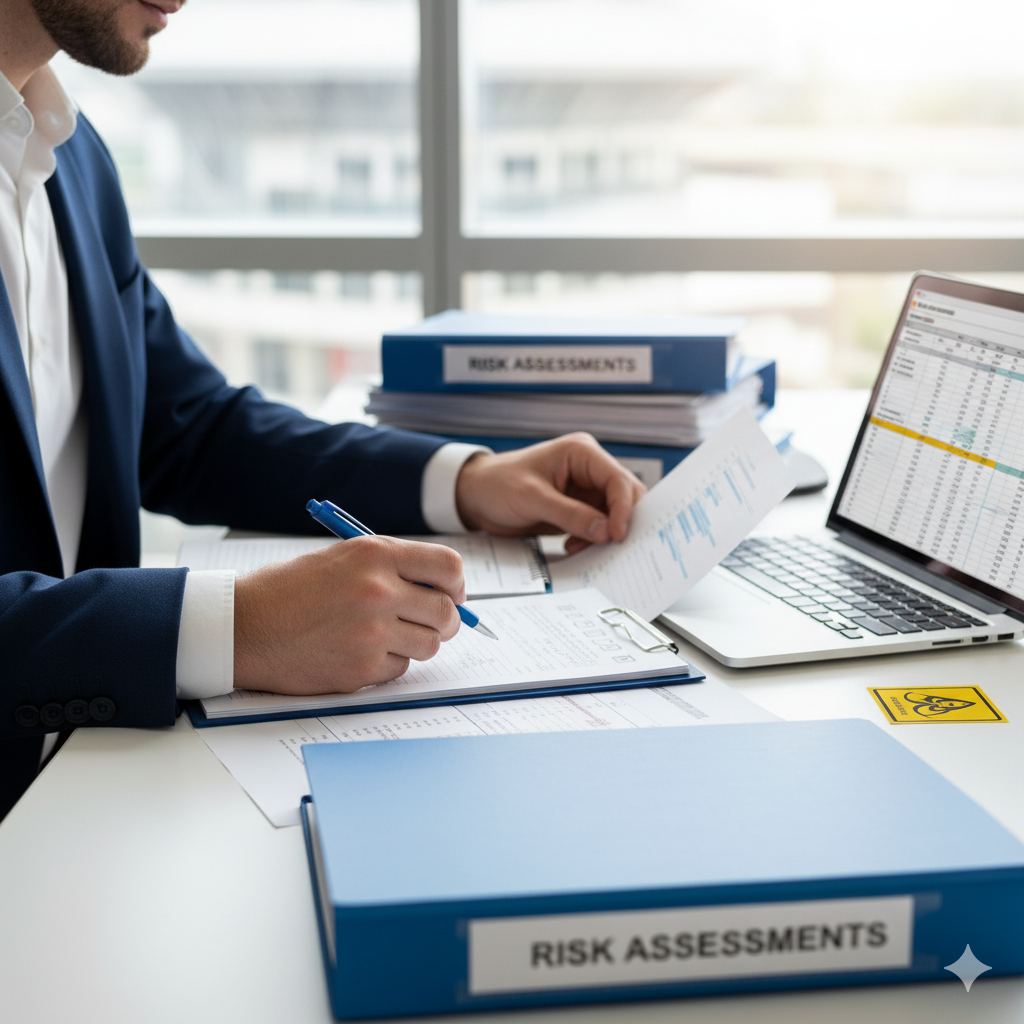 Professional consultant reviewing risk assessment documentation with laptop and organized binders
