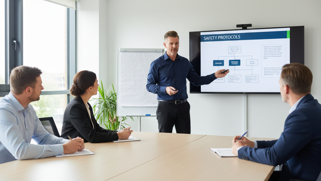 Professional instructor delivering health and safety training to engaged group