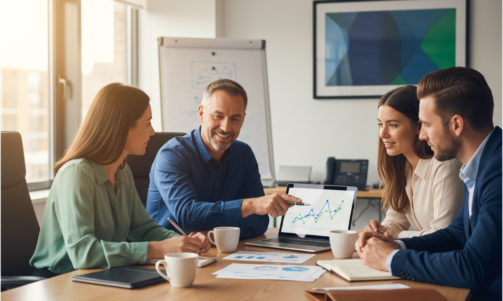 Professional health and safety consultant in collaborative meeting with business team