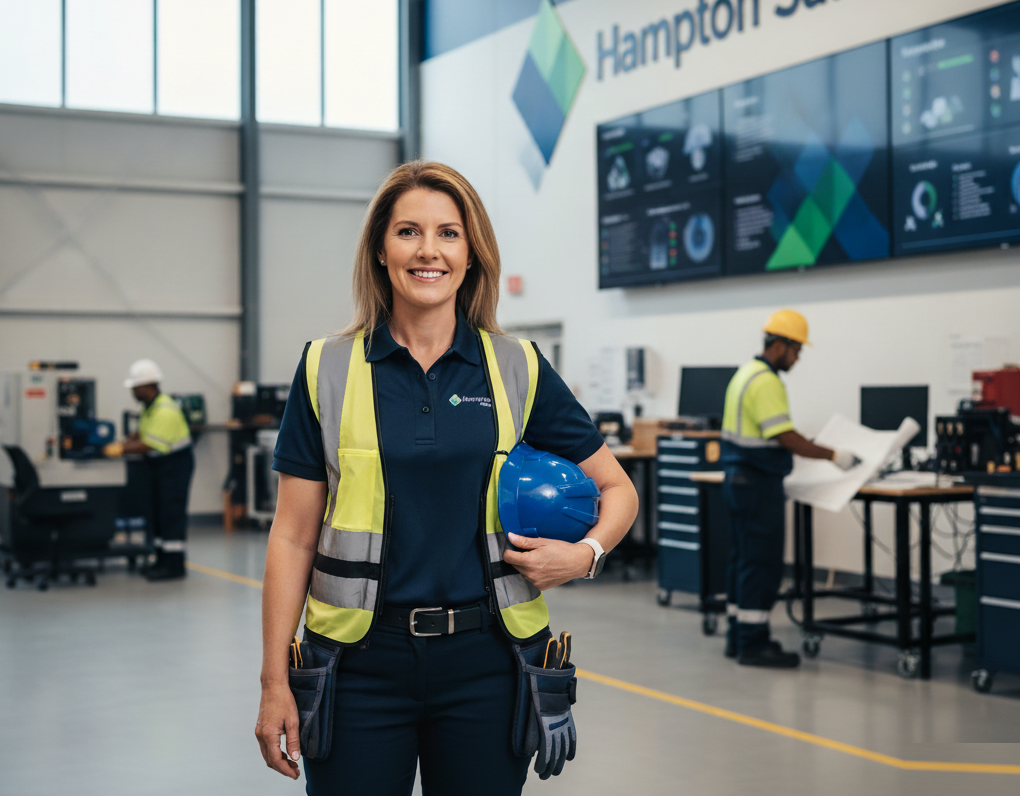 Professional safety consultant in modern office with certifications